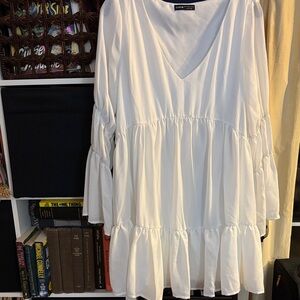 SHEIN White V-Neck, Long Sleeve Dress